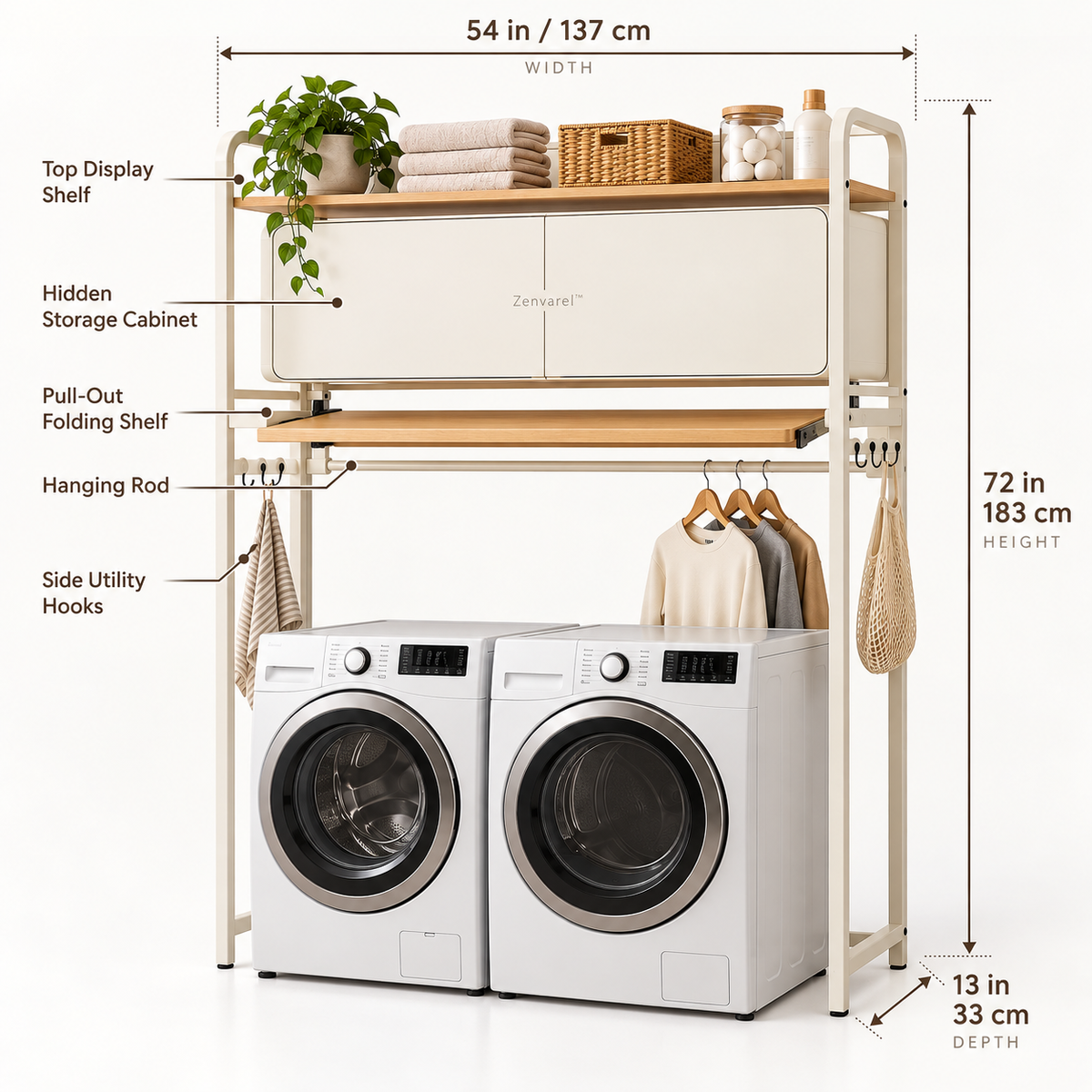 Zenvarel™ BridgeFold Over-Washer Laundry Organizer With cabinets