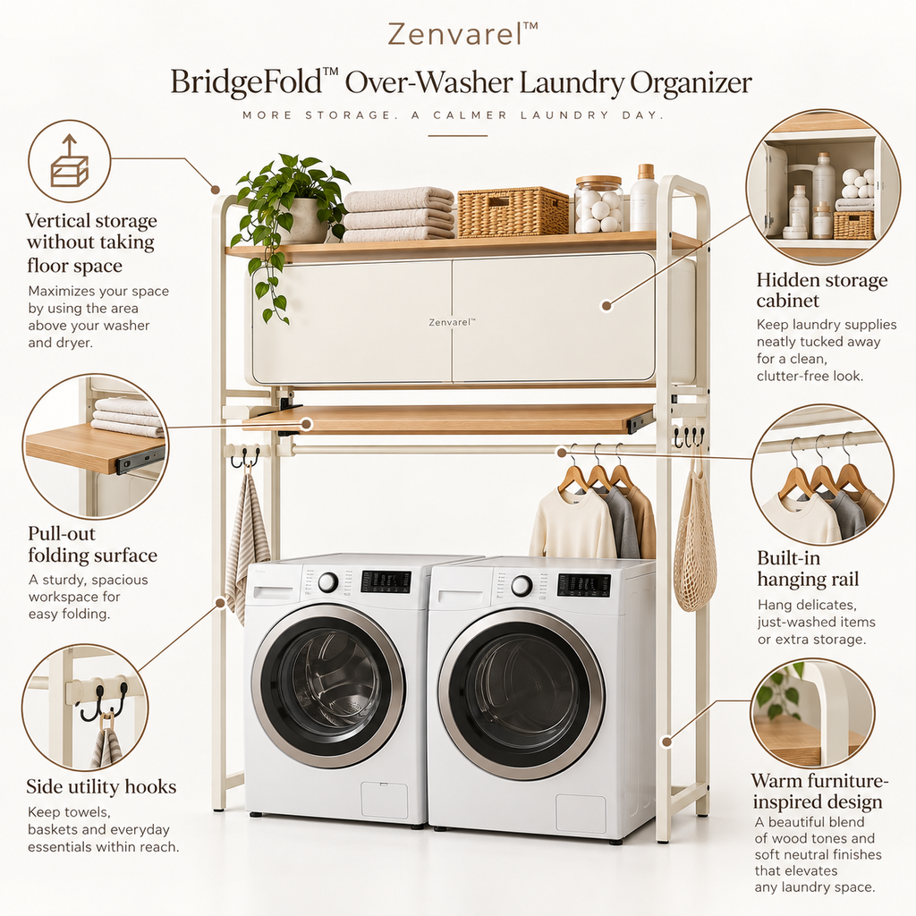 Zenvarel™ BridgeFold Over-Washer Laundry Organizer With cabinets