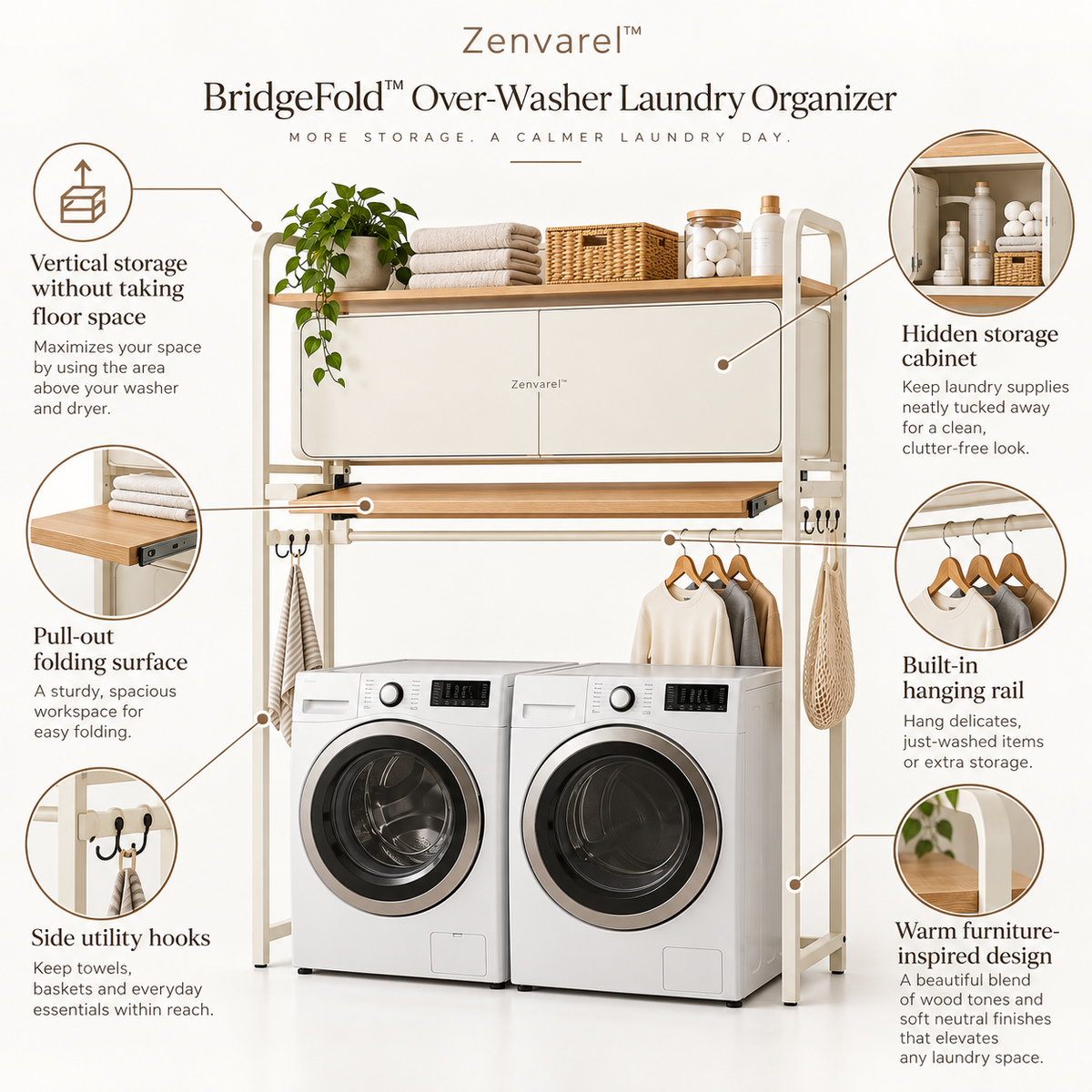 Zenvarel™ BridgeFold Over-Washer Laundry Organizer With cabinets