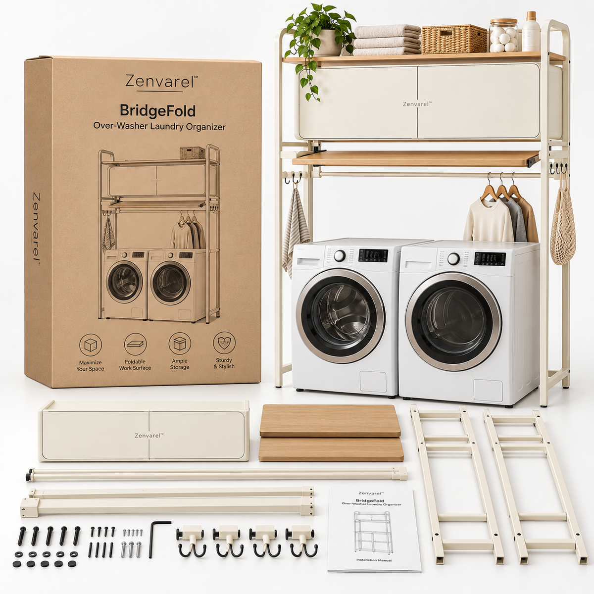Zenvarel™ BridgeFold Over-Washer Laundry Organizer With cabinets