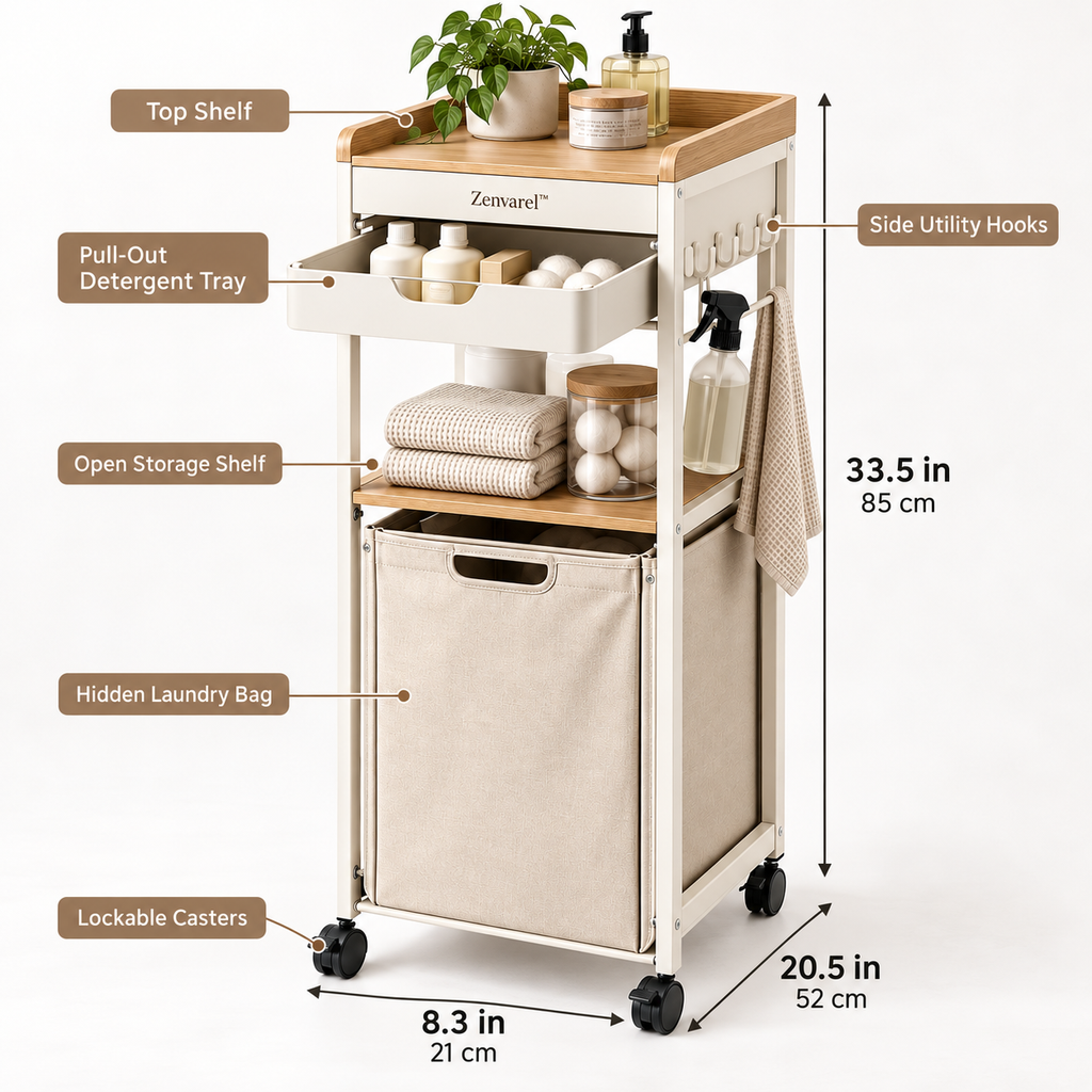 Zenvarel™ SlimGap Rolling Laundry Tower