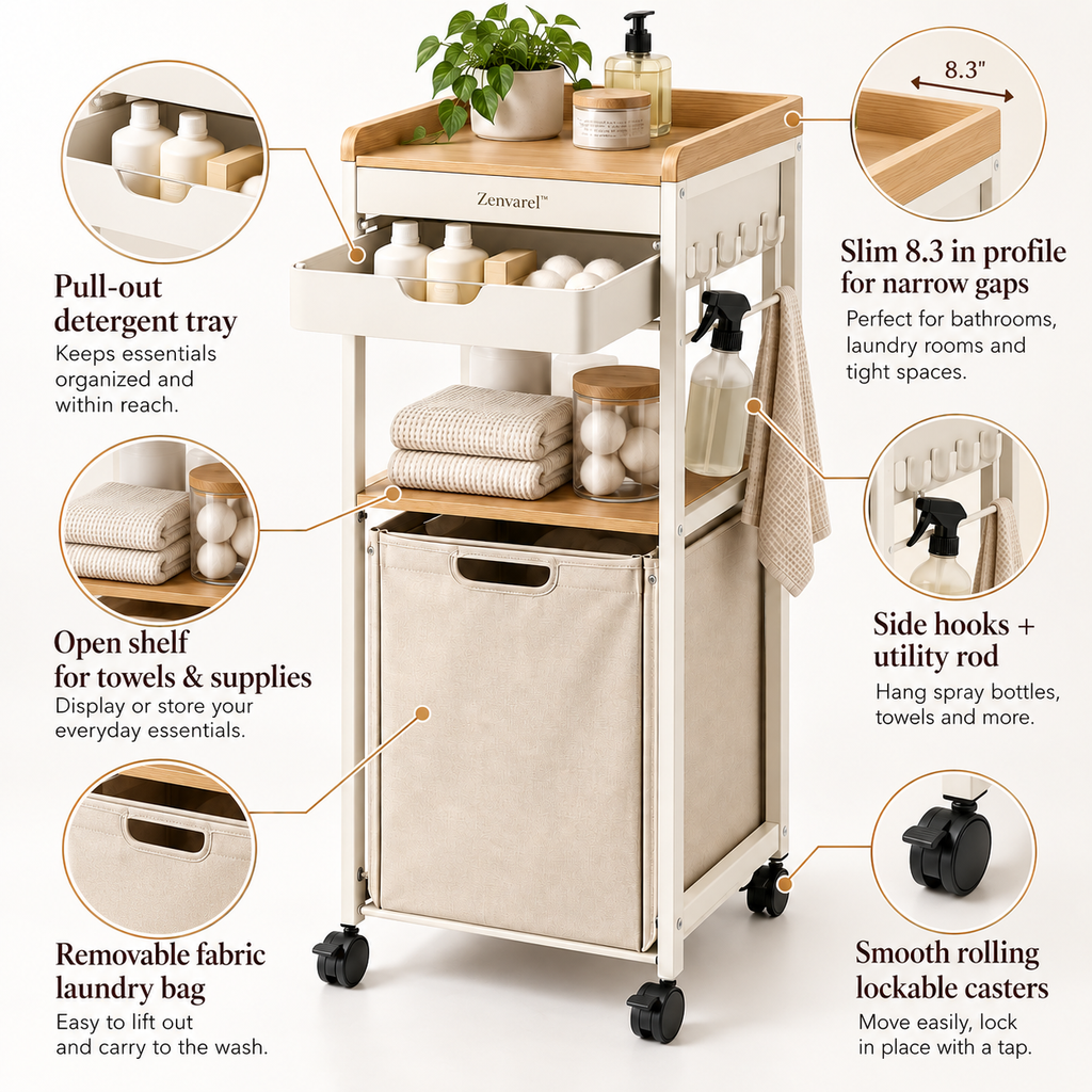 Zenvarel™ SlimGap Rolling Laundry Tower