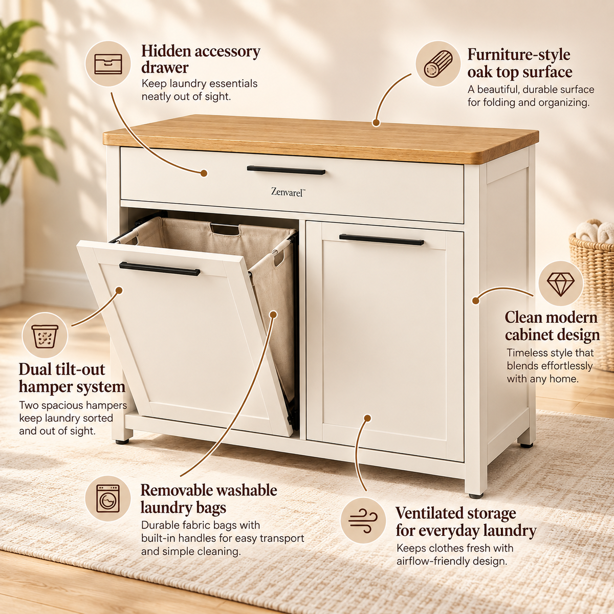 Zenvarel™ HideSort Laundry Hamper Cabinet